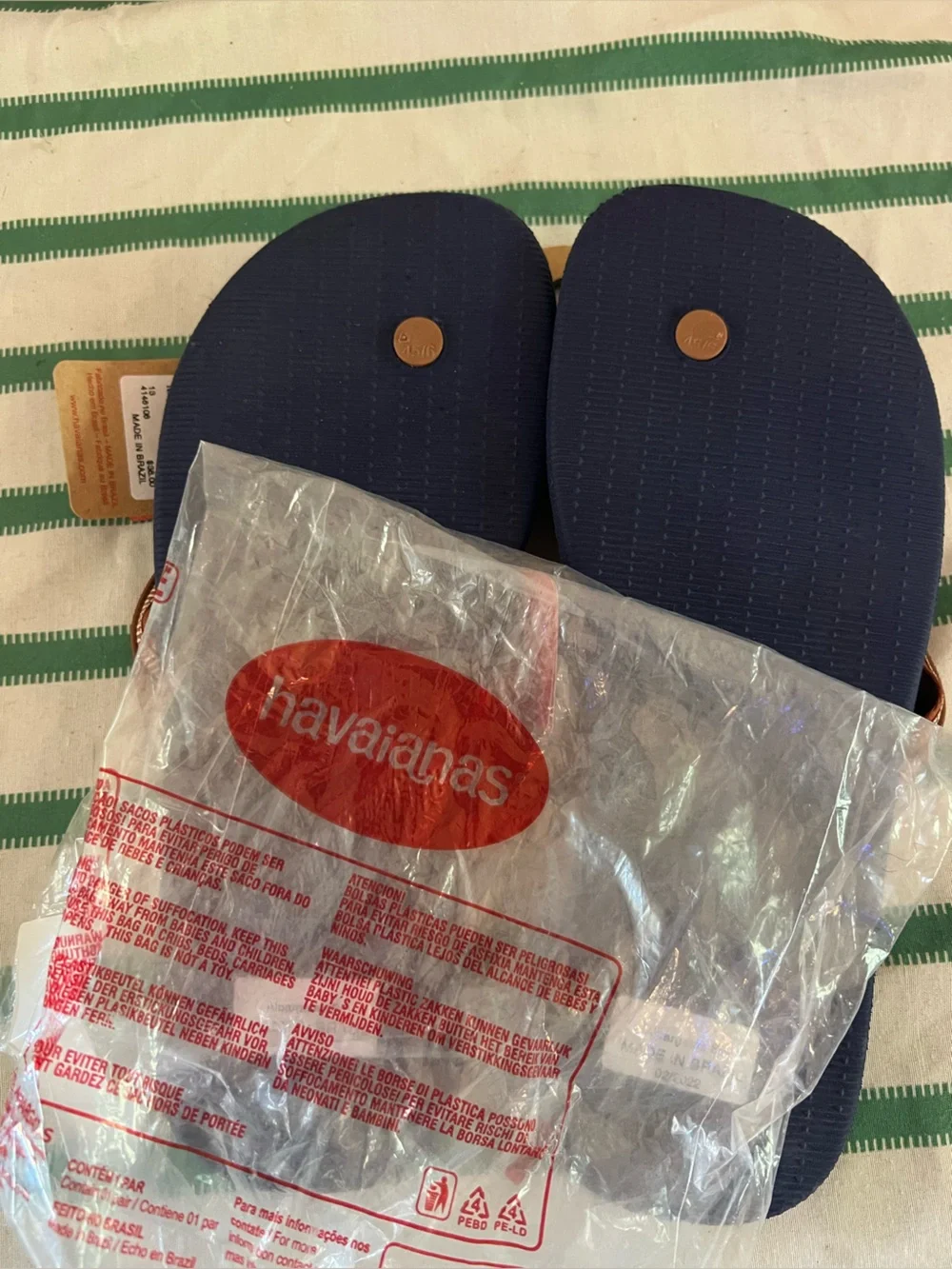 Havaianas Men's Navy and Brown Leather-Trim Flip Flops nwt sz 13